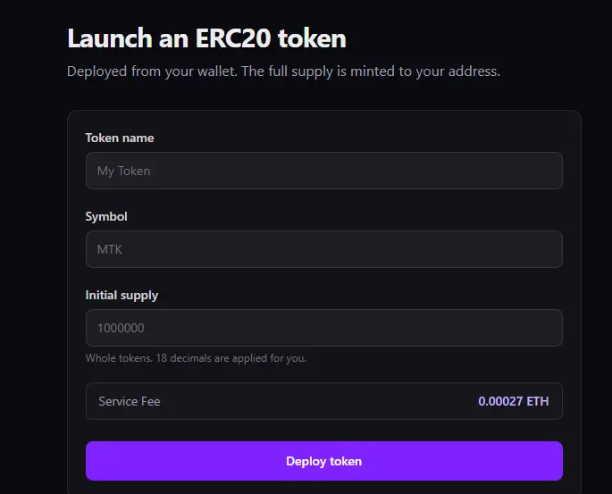 QryptoLauncher ERC20 token creation form, showing name, symbol, and supply fields