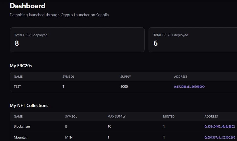 QryptoLauncher deployment dashboard showing contract address, network, and verification status